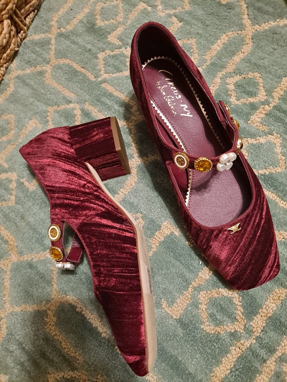 Circus By Sam Edelmen Velvet Mary Jane Flats in Burgundy with Jewel Strap